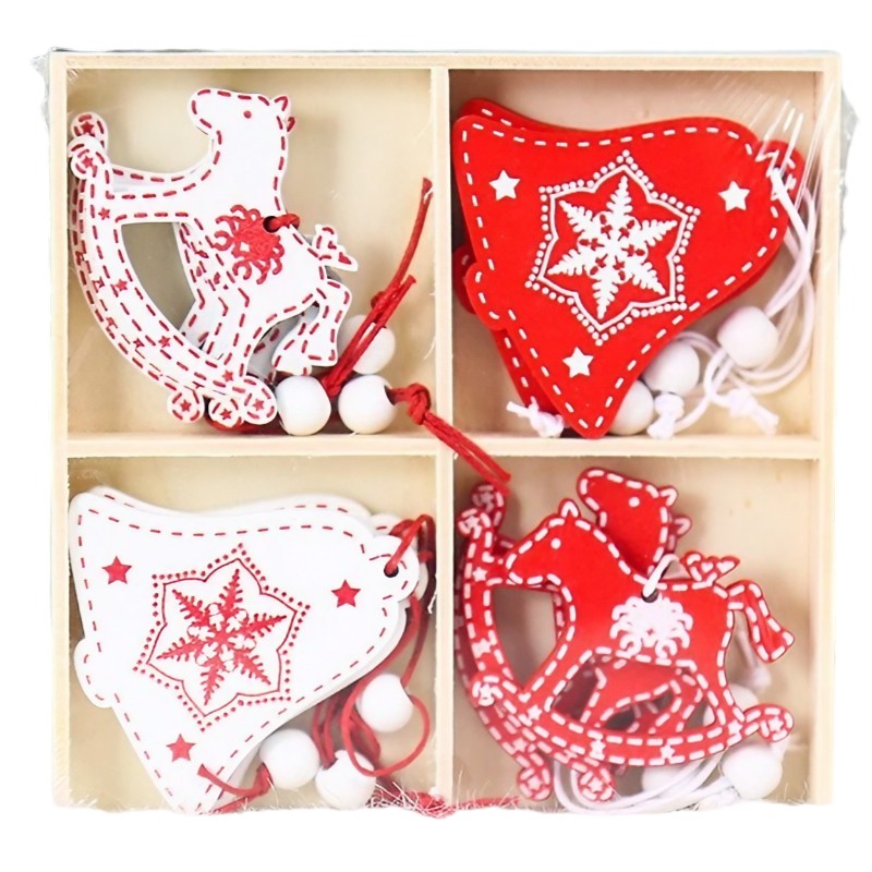 Set 12 Decoratiuni de Craciun din Lemn, Flippy, cu Snur pentru Agatare in Brad, Model Caluti si Clopotei, Alb-Rosu-0