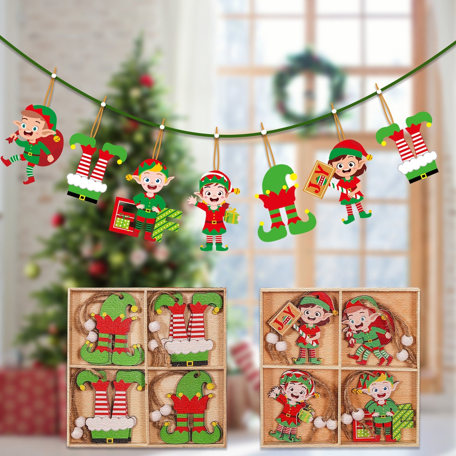 Set 12 Decoratiuni de Craciun din Lemn, Flippy, cu Snur pentru Agatare in Brad, Model Elfi Diferite Dimensiuni, 4 Modele, Multicolor-1