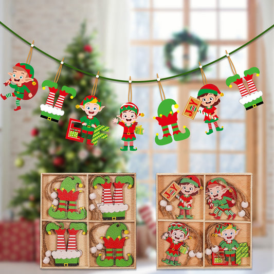 Set 12 Decoratiuni de Craciun din Lemn, Flippy, cu Snur pentru Agatare in Brad, Model Elfi Diferite Dimensiuni, 4 Modele, Multicolor-1