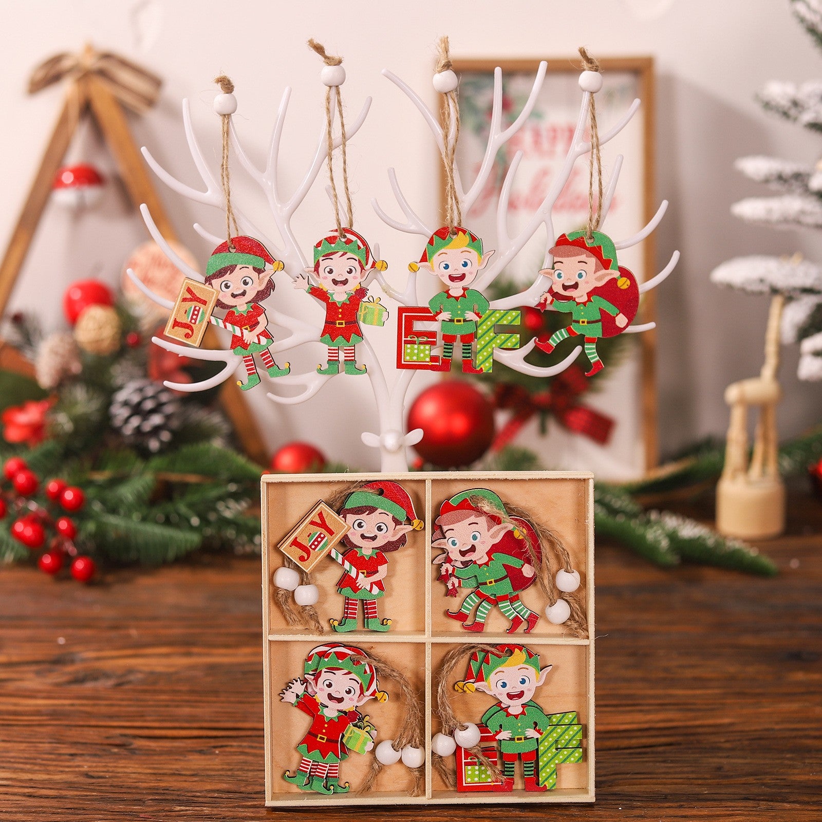 Set 12 Decoratiuni de Craciun din Lemn, Flippy, cu Snur pentru Agatare in Brad, Model Elfi Diferite Dimensiuni, 4 Modele, Multicolor-2