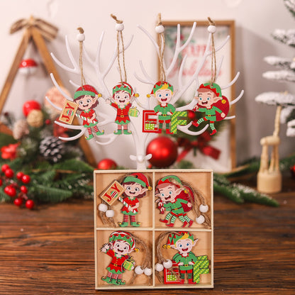 Set 12 Decoratiuni de Craciun din Lemn, Flippy, cu Snur pentru Agatare in Brad, Model Elfi Diferite Dimensiuni, 4 Modele, Multicolor-2
