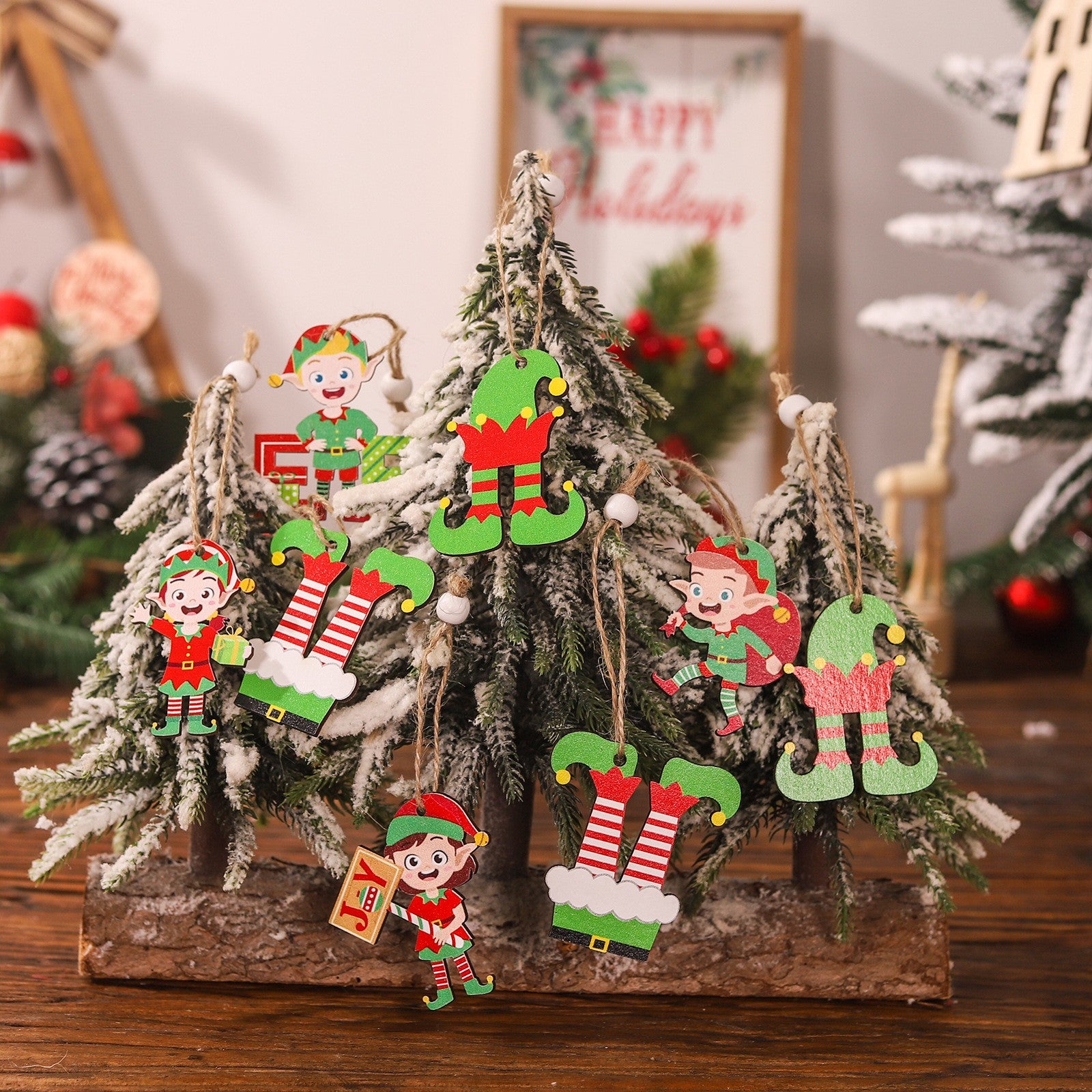 Set 12 Decoratiuni de Craciun din Lemn, Flippy, cu Snur pentru Agatare in Brad, Model Elfi Diferite Dimensiuni, 4 Modele, Multicolor-4