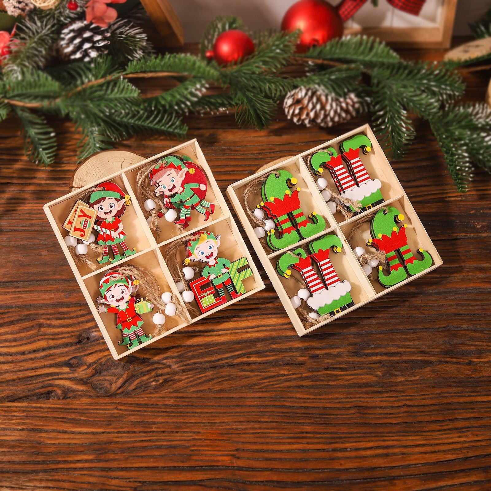 Set 12 Decoratiuni de Craciun din Lemn, Flippy, cu Snur pentru Agatare in Brad, Model Elfi Diferite Dimensiuni, 4 Modele, Multicolor-6