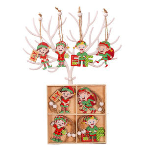 Set 12 Decoratiuni de Craciun din Lemn, Flippy, cu Snur pentru Agatare in Brad, Model Elfi Diferite Dimensiuni, 4 Modele, Multicolor-0