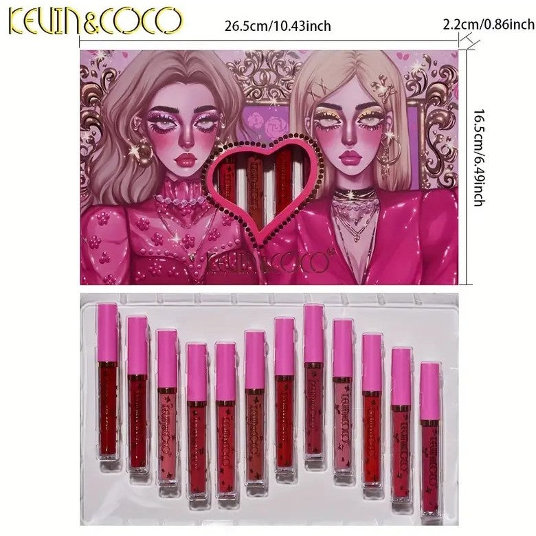 Set 12 Lip Gloss Kevin&Coco, nuante de rosu, rose, nude, cutie dreptunghiulara, 26.5x16.5x2.2 cm, 200 g, multicolor-1