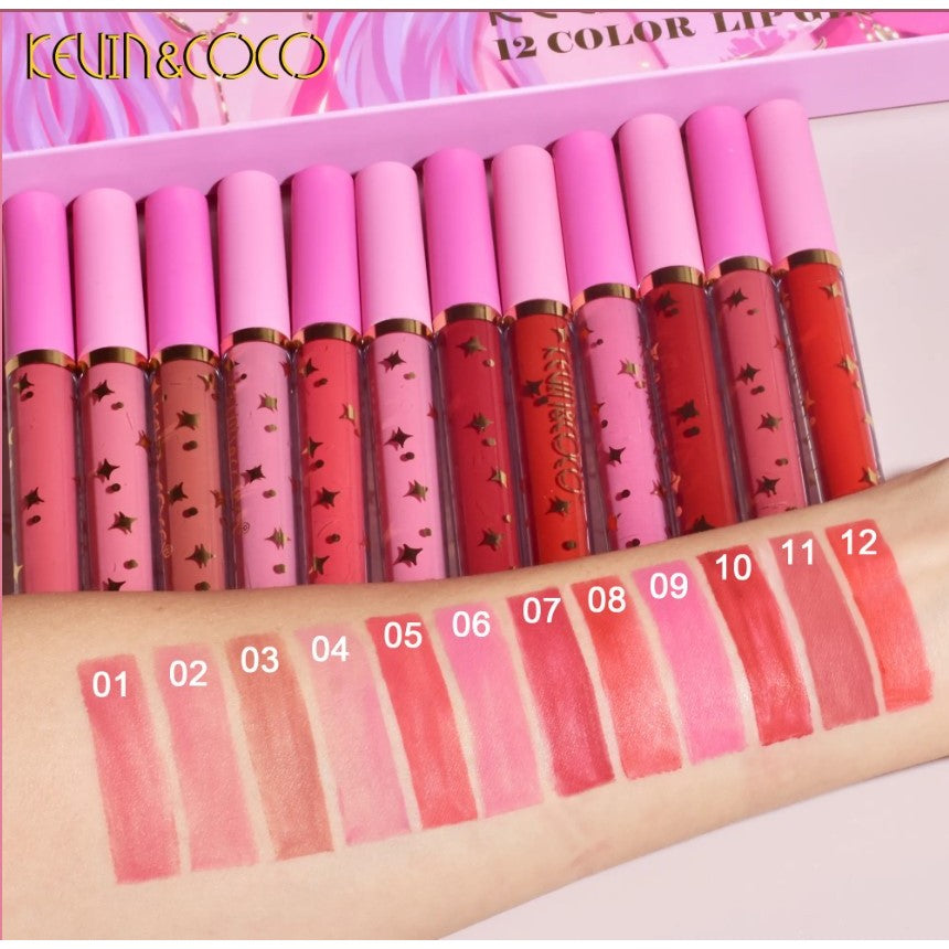 Set 12 Lip Gloss Kevin&Coco, nuante de rosu, rose, nude, roz, cutie dreptunghiulara, 26.5x16.5x2.2 cm, 200 g, multicolor-2