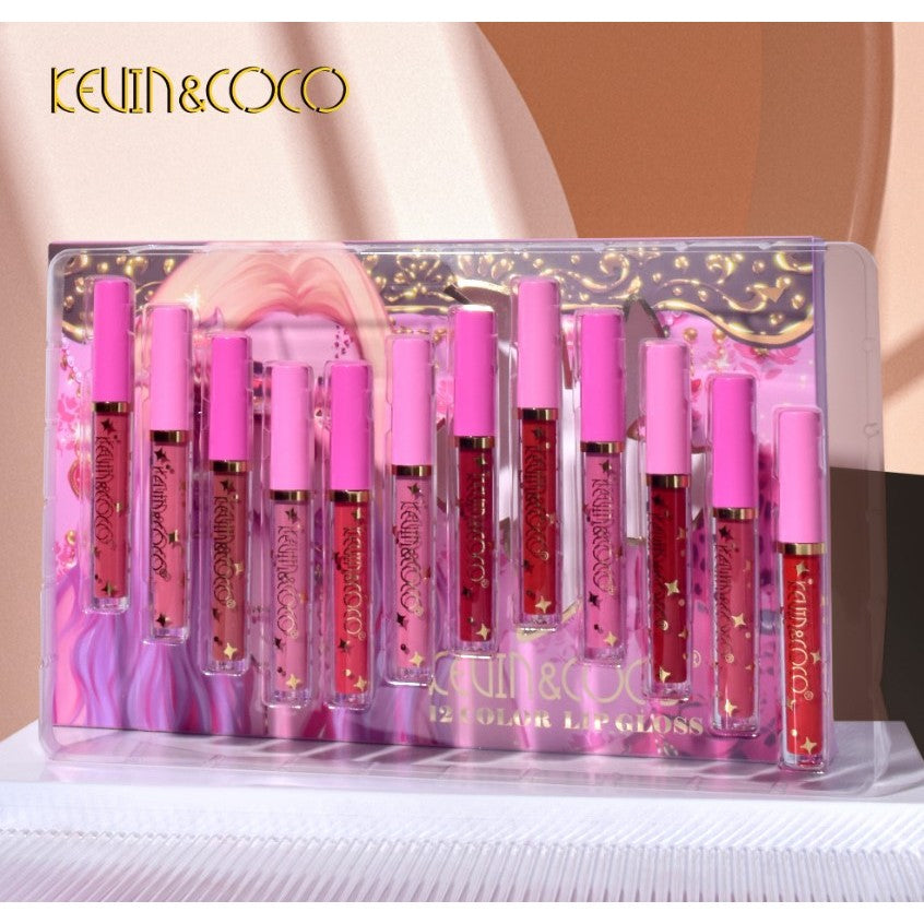 Set 12 Lip Gloss Kevin&Coco, nuante de rosu, rose, nude, roz, cutie dreptunghiulara, 26.5x16.5x2.2 cm, 200 g, multicolor-3