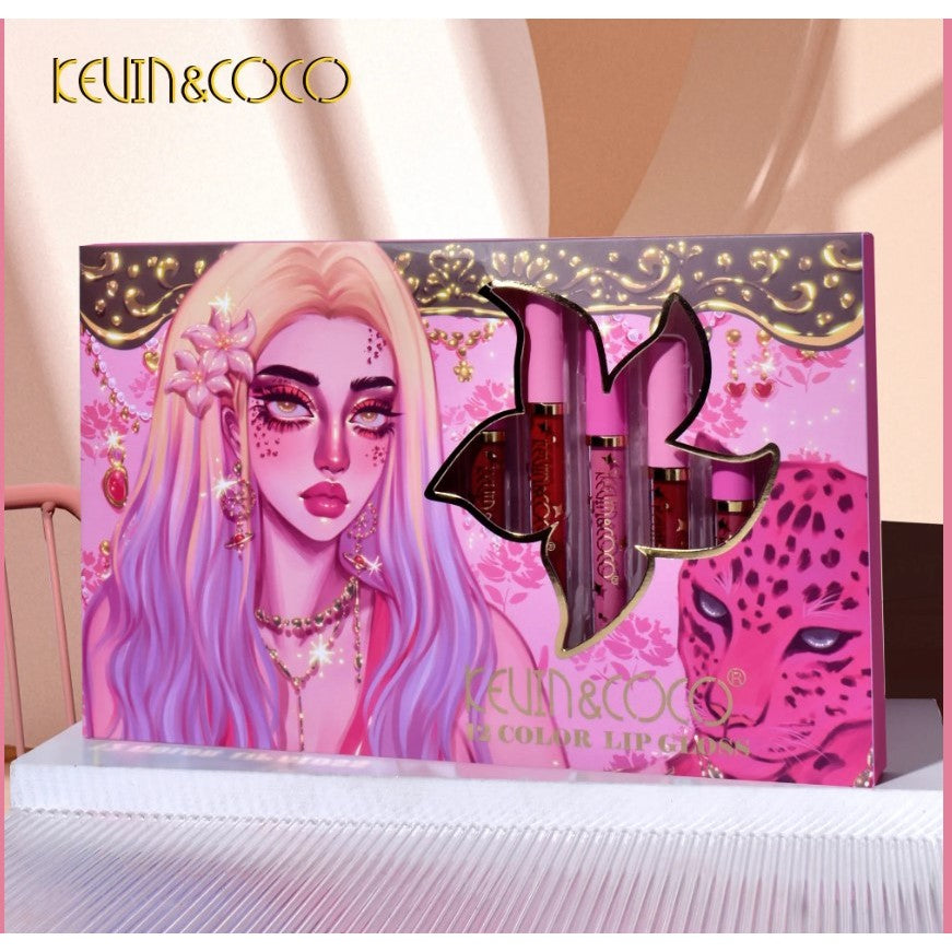 Set 12 Lip Gloss Kevin&Coco, nuante de rosu, rose, nude, roz, cutie dreptunghiulara, 26.5x16.5x2.2 cm, 200 g, multicolor-4
