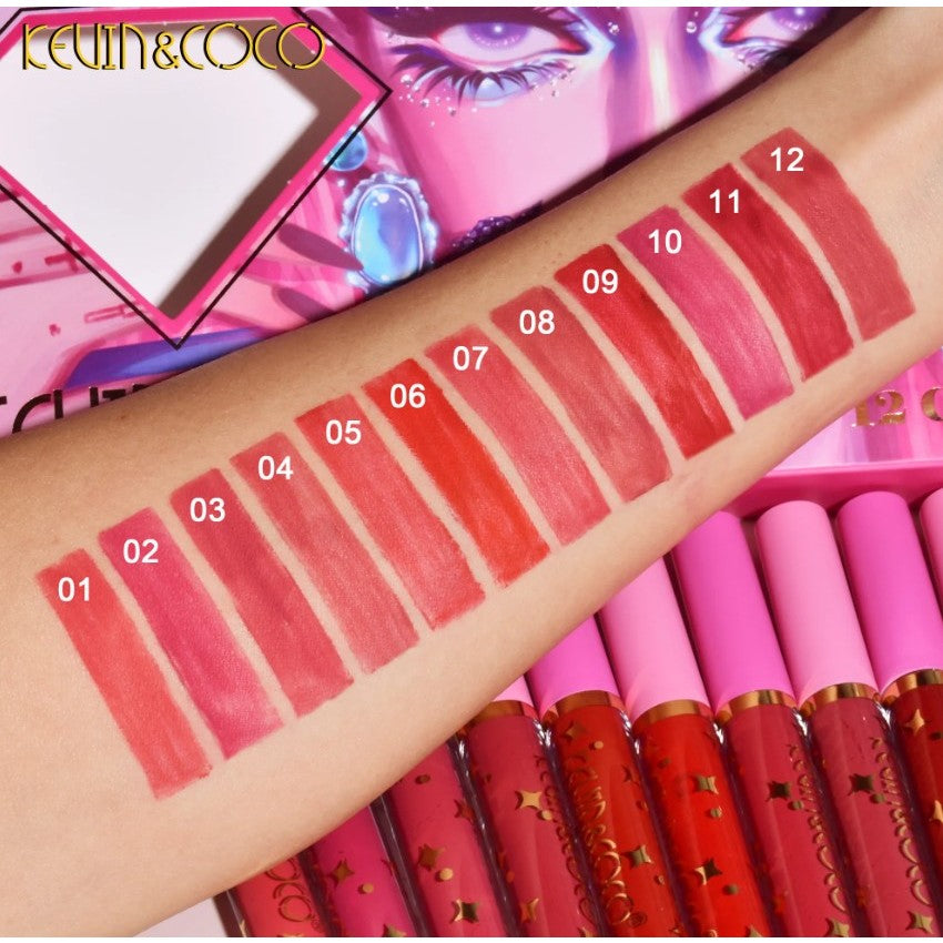Set 12 Lip Gloss Kevin&Coco, nuante de rosu si rose, cutie dreptunghiulara, 26.5x16.5x2.2 cm, 200 g, multicolor-1