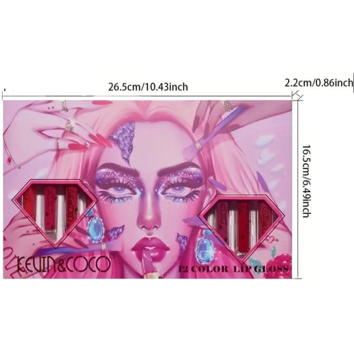 Set 12 Lip Gloss Kevin&Coco, nuante de rosu si rose, cutie dreptunghiulara, 26.5x16.5x2.2 cm, 200 g, multicolor-5