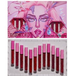 Set 12 Lip Gloss Kevin&Coco, nuante de rosu si rose, cutie dreptunghiulara, 26.5x16.5x2.2 cm, 200 g, multicolor-0