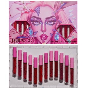 Set 12 Lip Gloss Kevin&Coco, nuante de rosu si rose, cutie dreptunghiulara, 26.5x16.5x2.2 cm, 200 g, multicolor-0