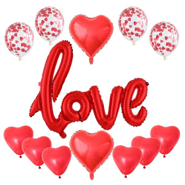 Set 13 Baloane din Folie Metalizata si din Latex, Flippy, Figurine Litere si Inima, Model Love, Tema Ziua Indragostitilor, Baloane Party cu Confetti, 102x65cm, 45 cm, 30 cm, Pai Inclus, Umflare cu Aer sau Heliu, Rosu-0