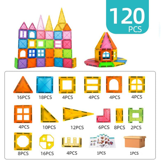 Set 120 de Piese Magnetice de Constructie, Flippy, Piese Mari, Magnetic Tiles, Forme Geometrice, 3 Ani, ABS, Magnet, 20.5 x 14.5 x 12 cm, Multicolor-1