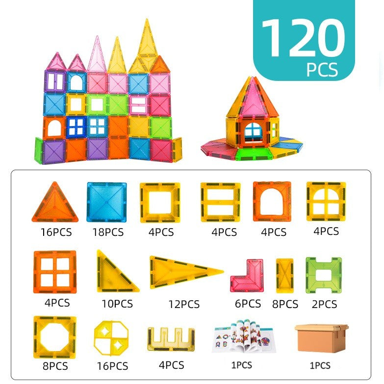 Set 120 de Piese Magnetice de Constructie, Flippy, Piese Mari, Magnetic Tiles, Forme Geometrice, 3 Ani, ABS, Magnet, 20.5 x 14.5 x 12 cm, Multicolor-1