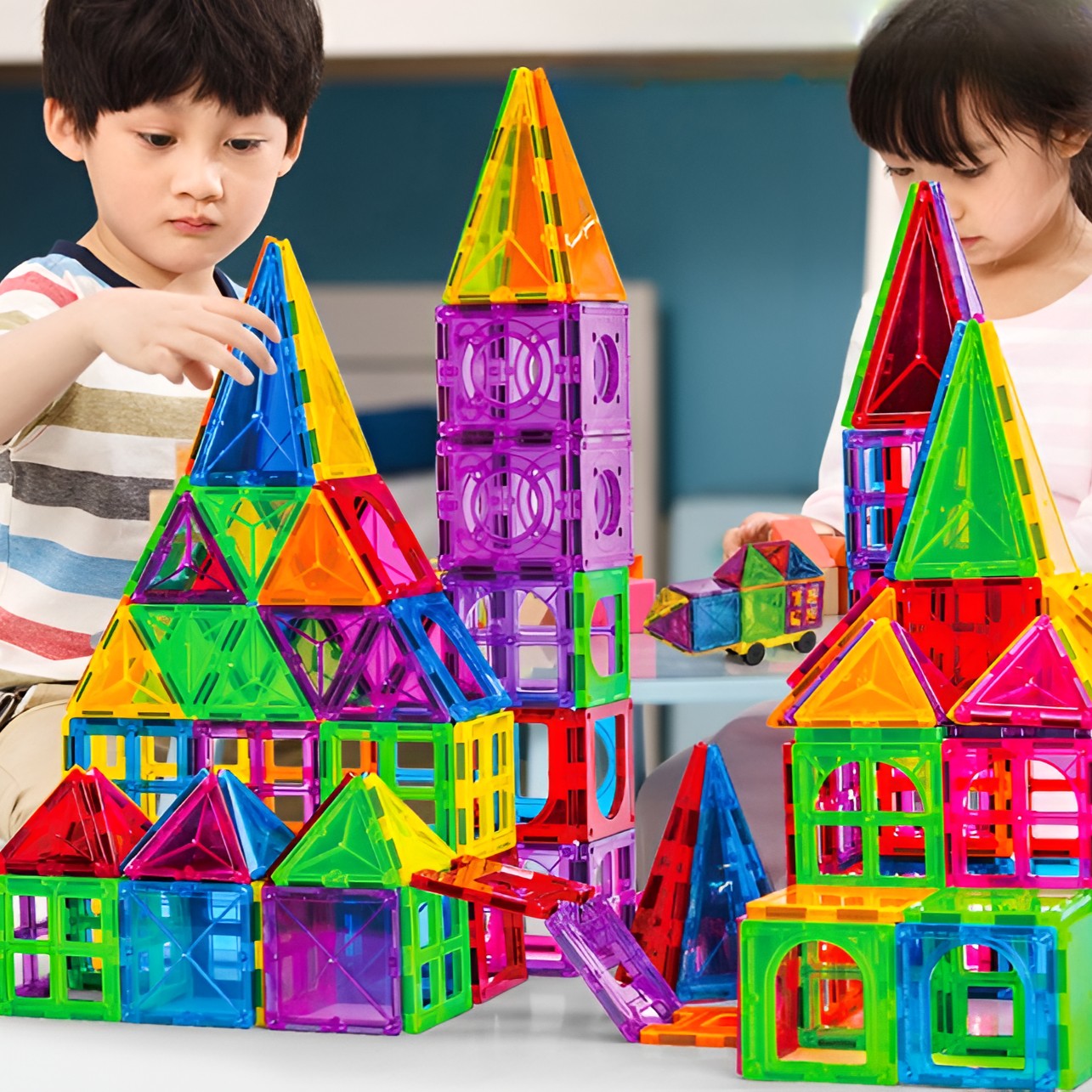 Set 120 de Piese Magnetice de Constructie, Flippy, Piese Mari, Magnetic Tiles, Forme Geometrice, 3 Ani, ABS, Magnet, 20.5 x 14.5 x 12 cm, Multicolor-2