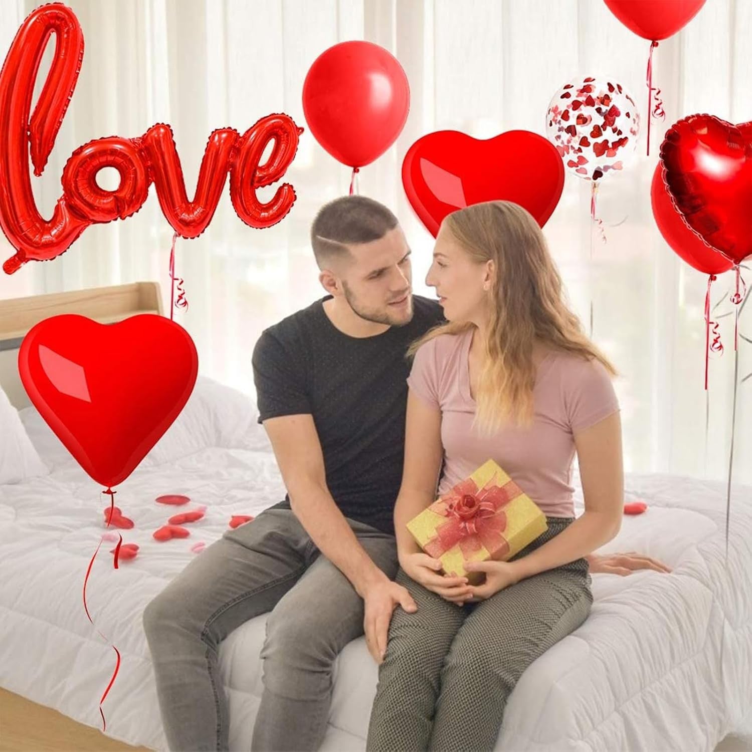 Set 13 Baloane din Folie Metalizata si din Latex, Flippy, Figurine Litere si Inima, Model Love, Tema Ziua Indragostitilor, Baloane Party cu Confetti, 102x65cm, 45 cm, 30 cm, Pai Inclus, Umflare cu Aer sau Heliu, Rosu-1