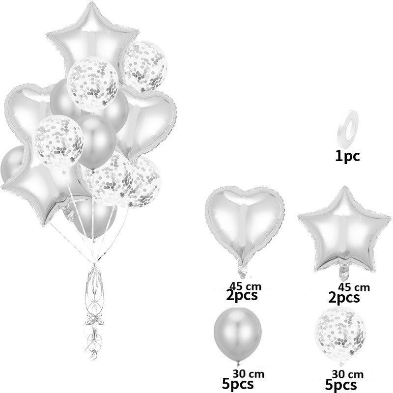 Set 14 Baloane din Folie Metalizată si din Latex, Flippy, Model Buchet, Baloane Party, 45 cm, 30 cm, Argintiu-1