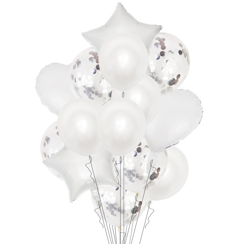 Set 14 Baloane din Folie Metalizată si din Latex, Flippy, Model Buchet, Baloane Party, 45 cm, 30 cm, Argintiu-0