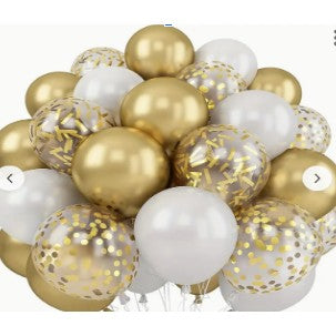 Set 16 Baloane din Latex, Flippy, Model Party, 30 cm, Alb, Auriu, Transparent Confetti, 2.8 g-0