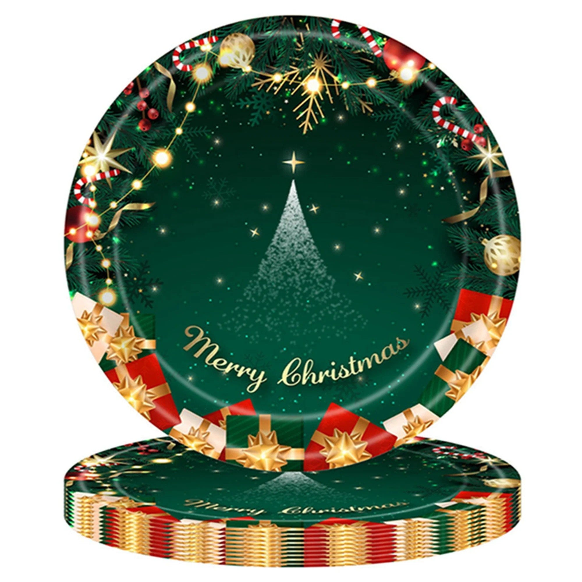 Set 16 Farfurii de Unica Folosinta, Flippy, Model Brad de Craciun Merry Christmas, Tematica Craciun, 18 cm, Verde-0
