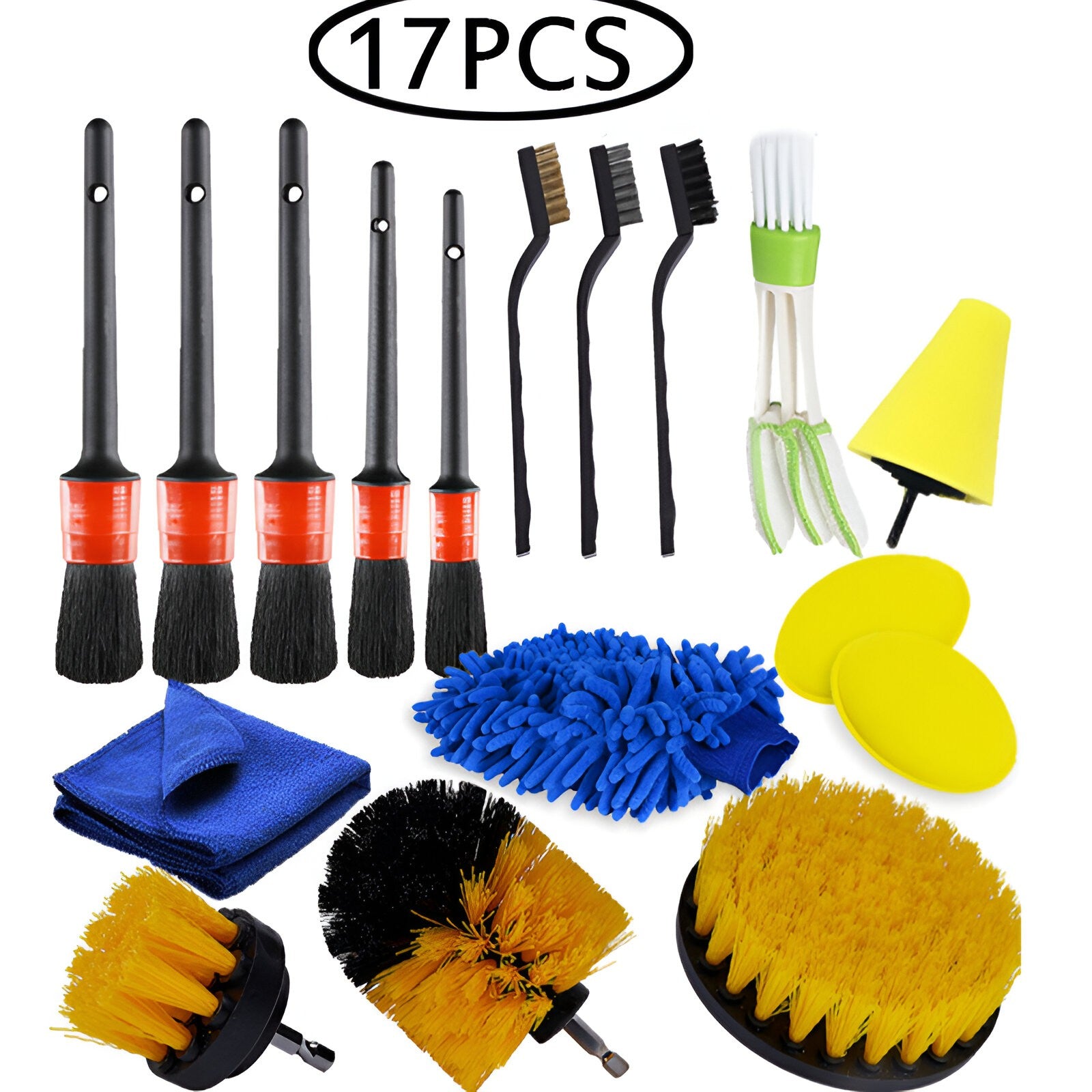 Set 17 Accesorii pentru Curatare Auto, Flippy, Interior si Exterior, 4 Capete pentru Bormasina, 5 Pensule, 3 Perii, 1 Laveta, 1 Manusa, 1 Perie Tripla Grilaj, 2 Bureti, Multicolor-2
