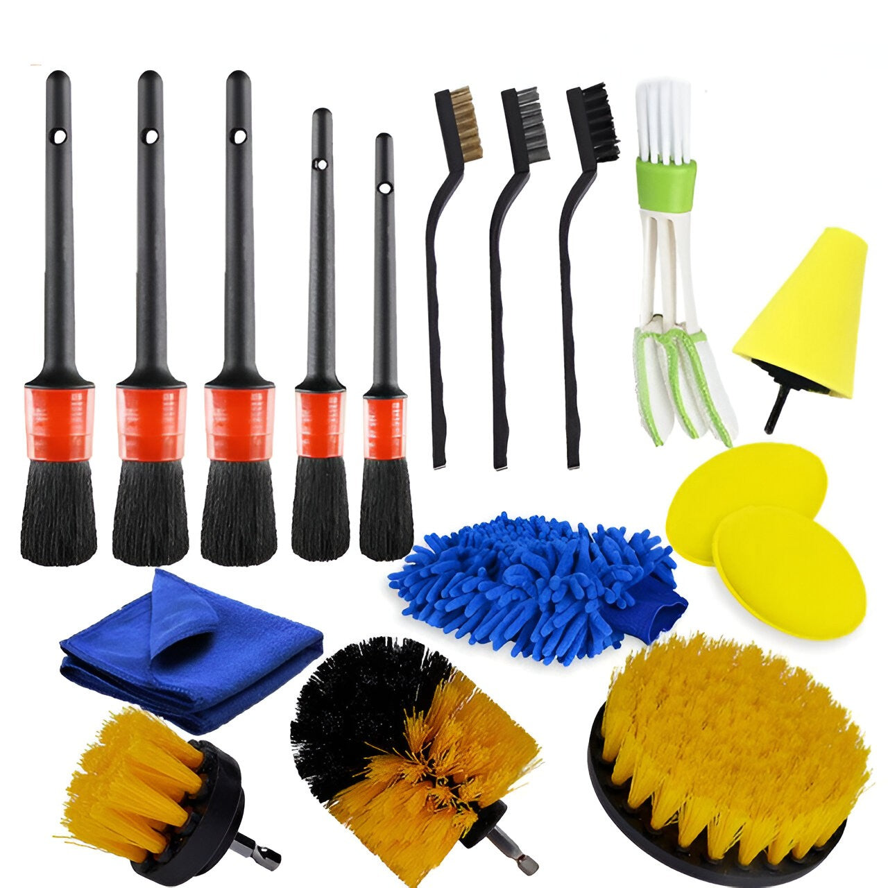 Set 17 Accesorii pentru Curatare Auto, Flippy, Interior si Exterior, 4 Capete pentru Bormasina, 5 Pensule, 3 Perii, 1 Laveta, 1 Manusa, 1 Perie Tripla Grilaj, 2 Bureti, Multicolor-0