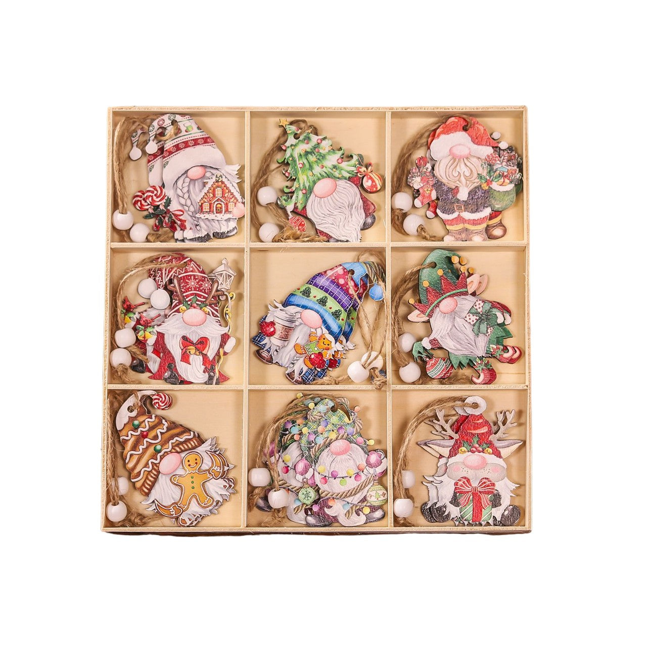 Set 18 Decoratiuni de Craciun din Lemn, Flippy, cu Snur pentru Agatare in Brad, Model Gnomi, Diferite Dimensiuni, Multicolor-0