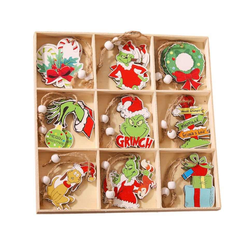 Set 18 Decoratiuni de Craciun din Lemn, Flippy, cu Snur pentru Agatare in Brad, Model Grinch, Diferite Dimensiuni, Multicolor-0