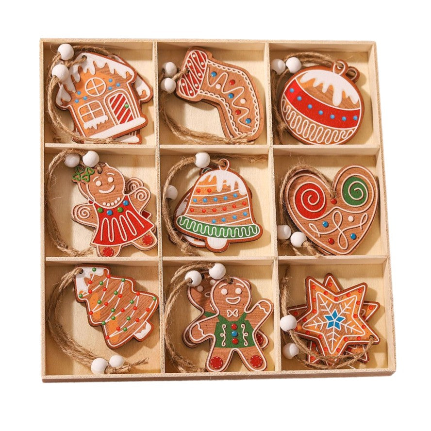 Set 18 Decoratiuni de Craciun din Lemn, Flippy, cu Snur pentru Agatare in Brad, Modele Diverse , Diferite Dimensiuni, Multicolor-0
