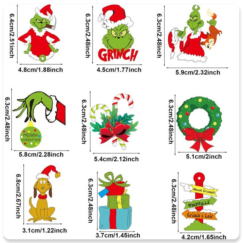 Set 18 Decoratiuni de Craciun din Lemn, Flippy, cu Snur pentru Agatare in Brad, Model Grinch, Diferite Dimensiuni, Multicolor-1