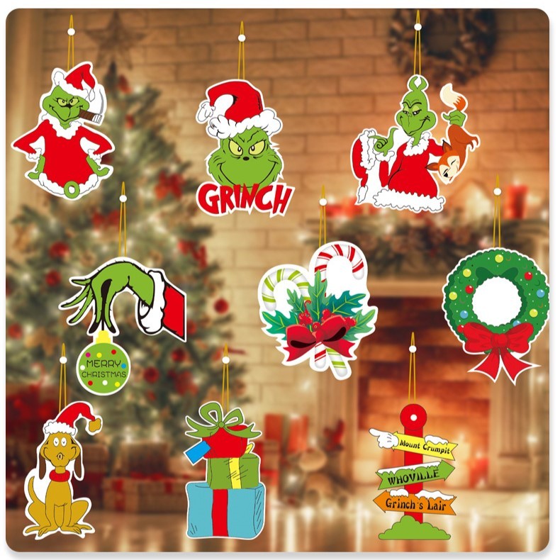 Set 18 Decoratiuni de Craciun din Lemn, Flippy, cu Snur pentru Agatare in Brad, Model Grinch, Diferite Dimensiuni, Multicolor-2