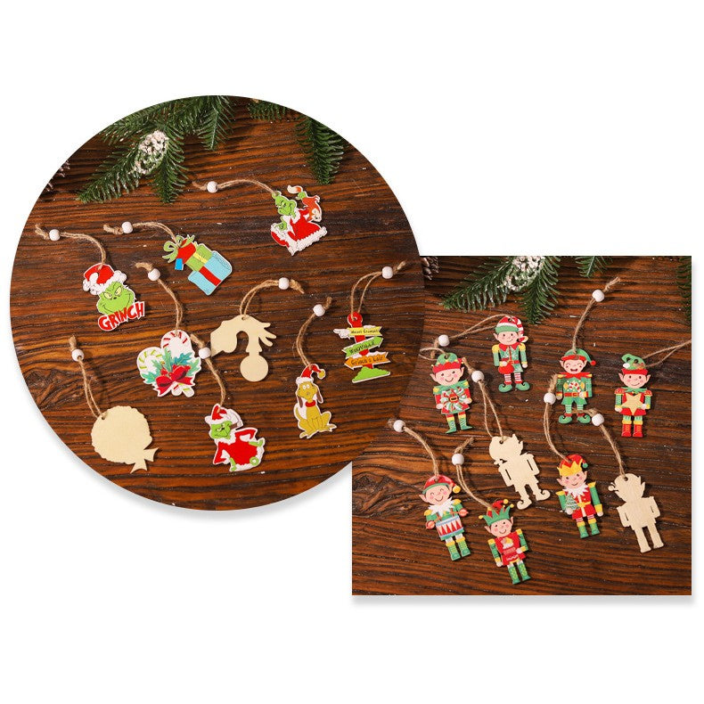 Set 18 Decoratiuni de Craciun din Lemn, Flippy, cu Snur pentru Agatare in Brad, Model Grinch, Diferite Dimensiuni, Multicolor-3