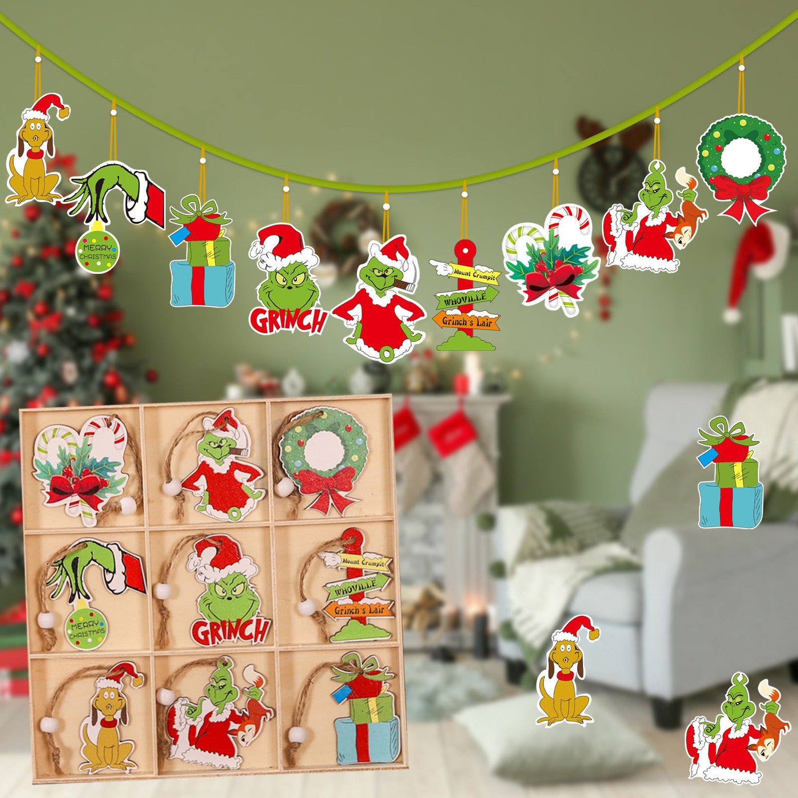 Set 18 Decoratiuni de Craciun din Lemn, Flippy, cu Snur pentru Agatare in Brad, Model Grinch, Diferite Dimensiuni, Multicolor-5