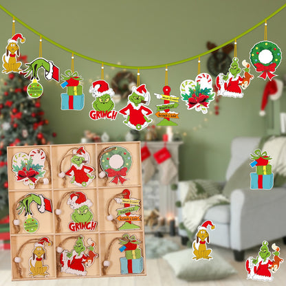 Set 18 Decoratiuni de Craciun din Lemn, Flippy, cu Snur pentru Agatare in Brad, Model Grinch, Diferite Dimensiuni, Multicolor-5