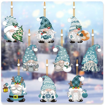 Set 18 Decoratiuni de Craciun din Lemn, Flippy, cu Snur pentru Agatare in Brad, Model Gnomi, Diferite Dimensiuni, Albastru-2