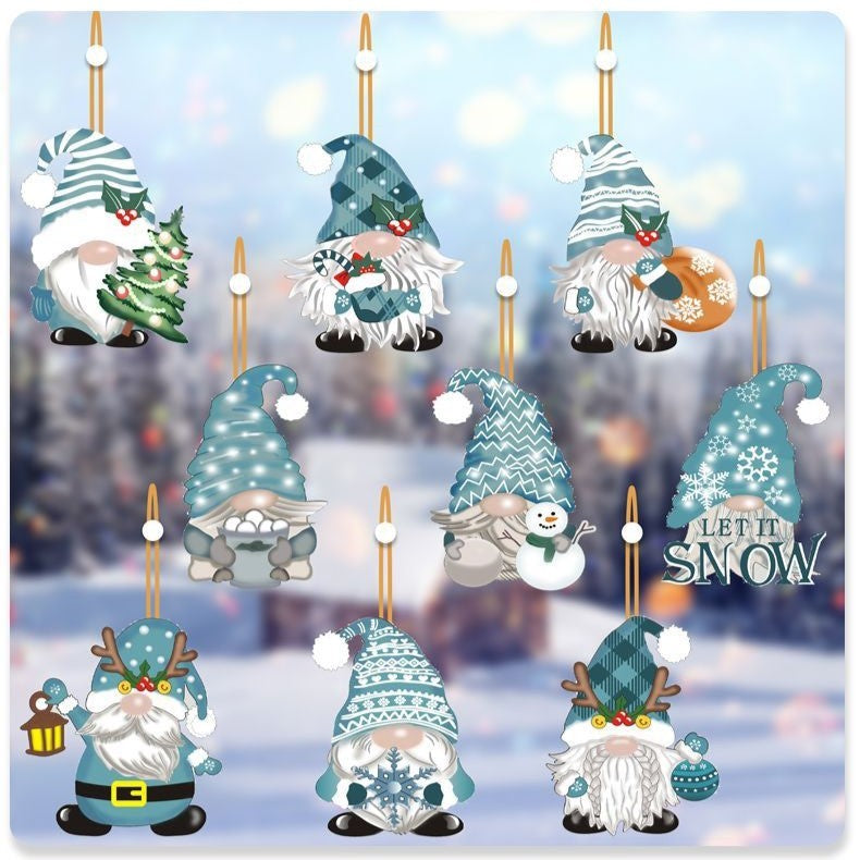 Set 18 Decoratiuni de Craciun din Lemn, Flippy, cu Snur pentru Agatare in Brad, Model Gnomi, Diferite Dimensiuni, Albastru-2