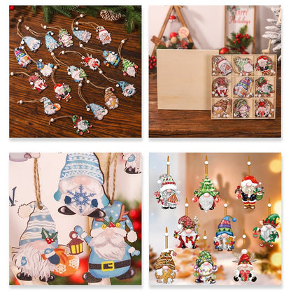 Set 18 Decoratiuni de Craciun din Lemn, Flippy, cu Snur pentru Agatare in Brad, Model Gnomi, Diferite Dimensiuni, Albastru-3