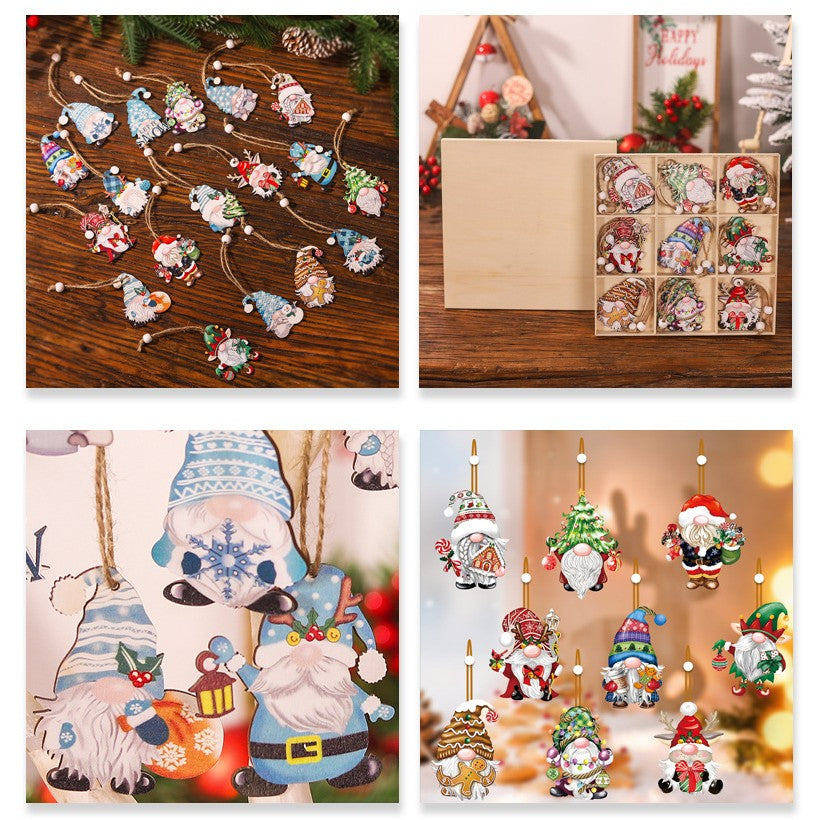 Set 18 Decoratiuni de Craciun din Lemn, Flippy, cu Snur pentru Agatare in Brad, Model Gnomi, Diferite Dimensiuni, Albastru-3