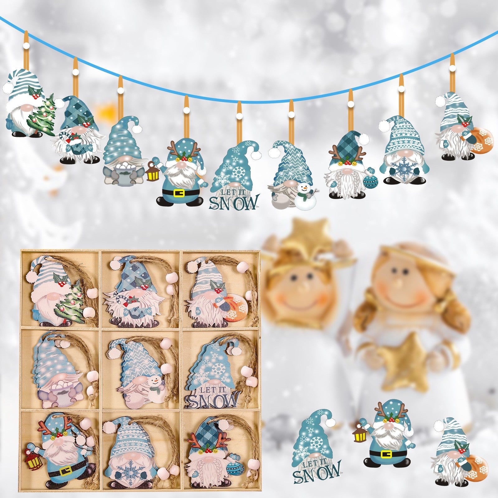 Set 18 Decoratiuni de Craciun din Lemn, Flippy, cu Snur pentru Agatare in Brad, Model Gnomi, Diferite Dimensiuni, Albastru-8