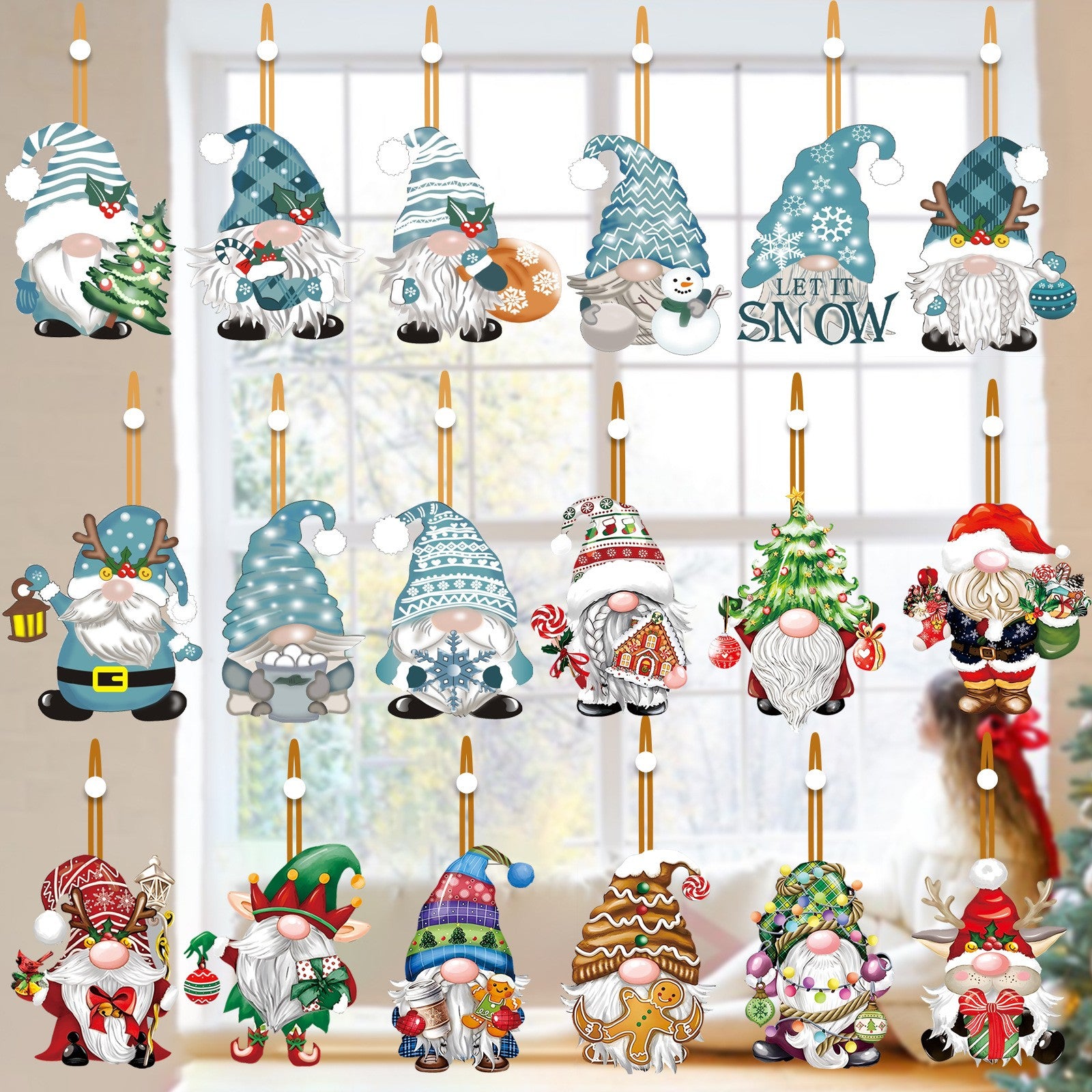 Set 18 Decoratiuni de Craciun din Lemn, Flippy, cu Snur pentru Agatare in Brad, Model Gnomi, Diferite Dimensiuni, Albastru-9