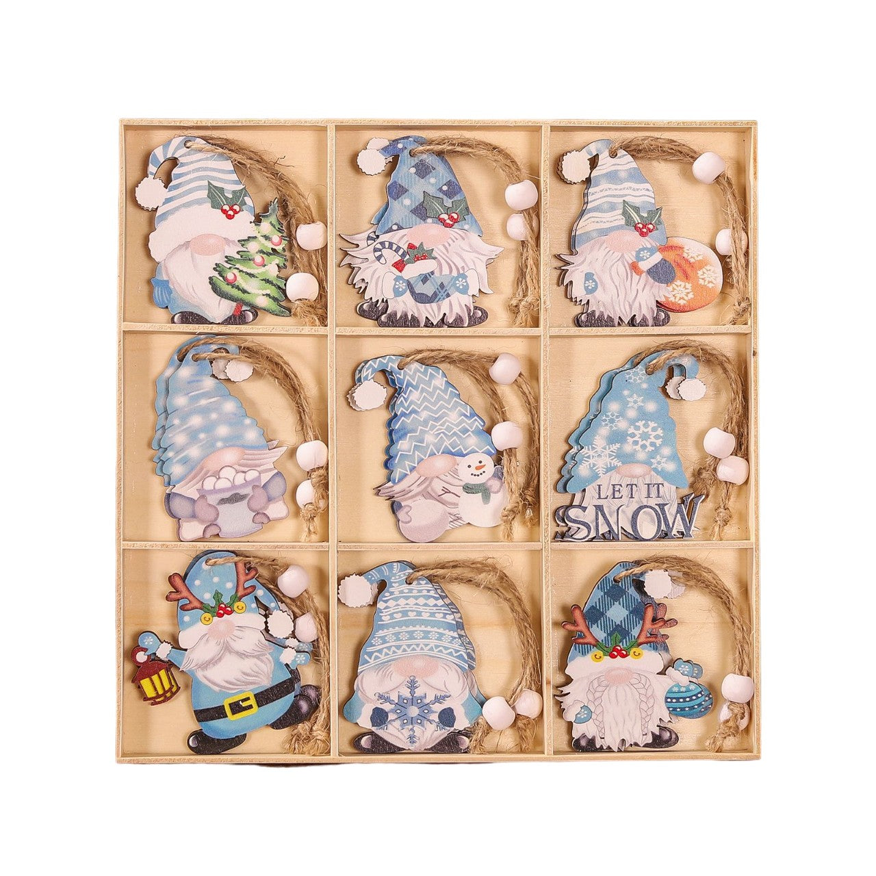 Set 18 Decoratiuni de Craciun din Lemn, Flippy, cu Snur pentru Agatare in Brad, Model Gnomi, Diferite Dimensiuni, Albastru-0