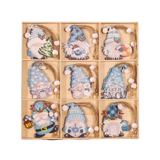 Set 18 Decoratiuni de Craciun din Lemn, Flippy, cu Snur pentru Agatare in Brad, Model Gnomi, Diferite Dimensiuni, Albastru-0