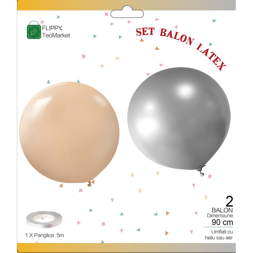 Set 2 Baloane din Latex, Flippy, Model Party Jumbo, 90 cm, Auriu Argintiu, 35 g-0