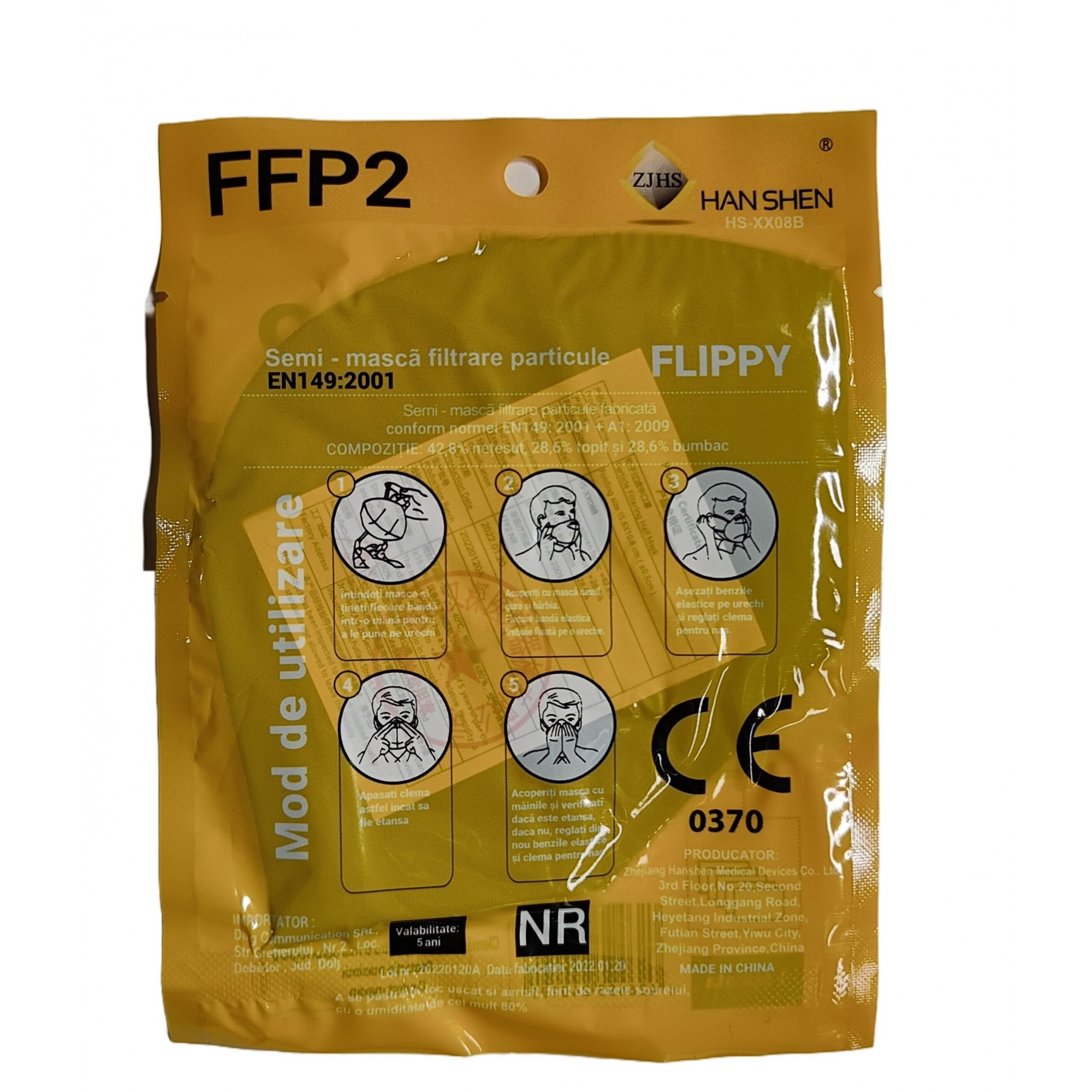 Set 2 bucati Masca de protectie faciala, Flippy, de unica folosinta pentru adulti, FFP2, KN95 CE 0370, 5 straturi, nesterila, ambalaj individual, Negru-5