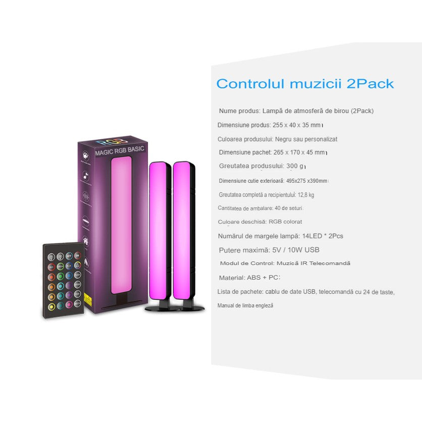 Set 2 Lampi de Birou, Flippy, RGB Colorat, 28 LED, Putere 5V, Telecomanda cu 24 de Taste, Cablu USB, Negru, 25.5x4x3.5cm-8