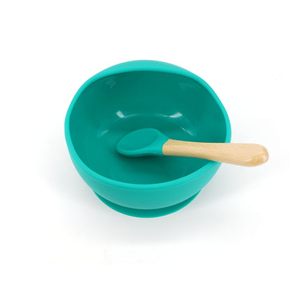 Set 2 piese diversificare bebelusi si copii din silicon Flippy, bol cu ventuza, lingurita din lemn si silicon, pentru gustari, fara alergeni, verde-1