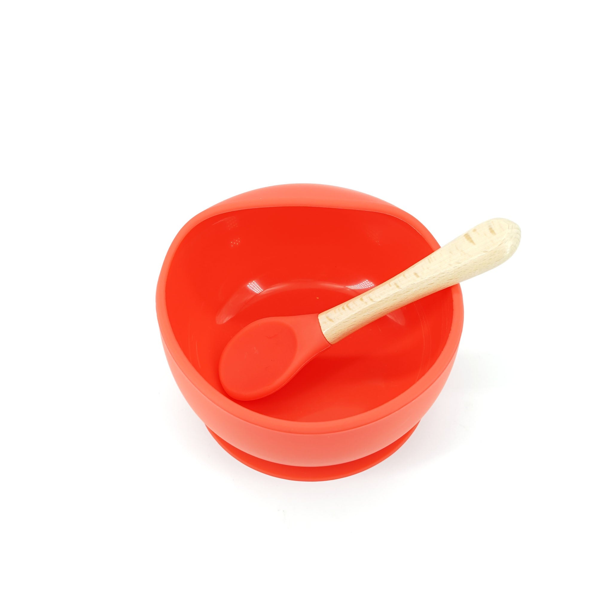 Set 2 piese diversificare bebelusi si copii din silicon Flippy, bol cu ventuza, lingurita din lemn si silicon, pentru gustari, fara alergeni, rosu-1