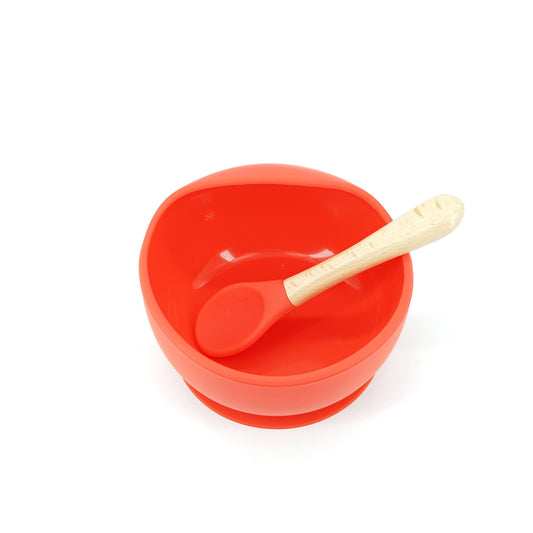 Set 2 piese diversificare bebelusi si copii din silicon Flippy, bol cu ventuza, lingurita din lemn si silicon, pentru gustari, fara alergeni, rosu-1