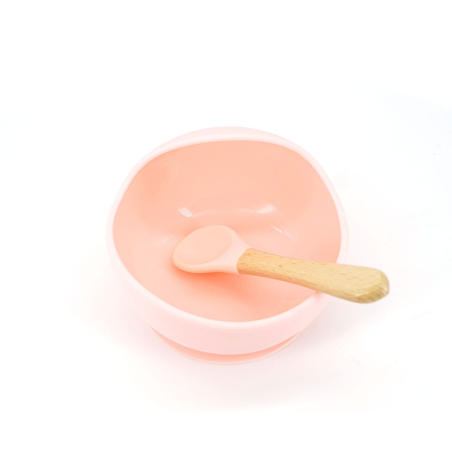 Set 2 piese diversificare bebelusi si copii din silicon Flippy, bol cu ventuza, lingurita din lemn si silicon, pentru gustari, fara alergeni, roz-1